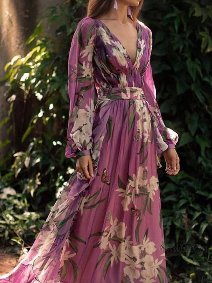 Clea Robe Maxi Femme – Élégante Robe Longue à Imprimé Floral, Décolleté en V & Manches Longues en Violet