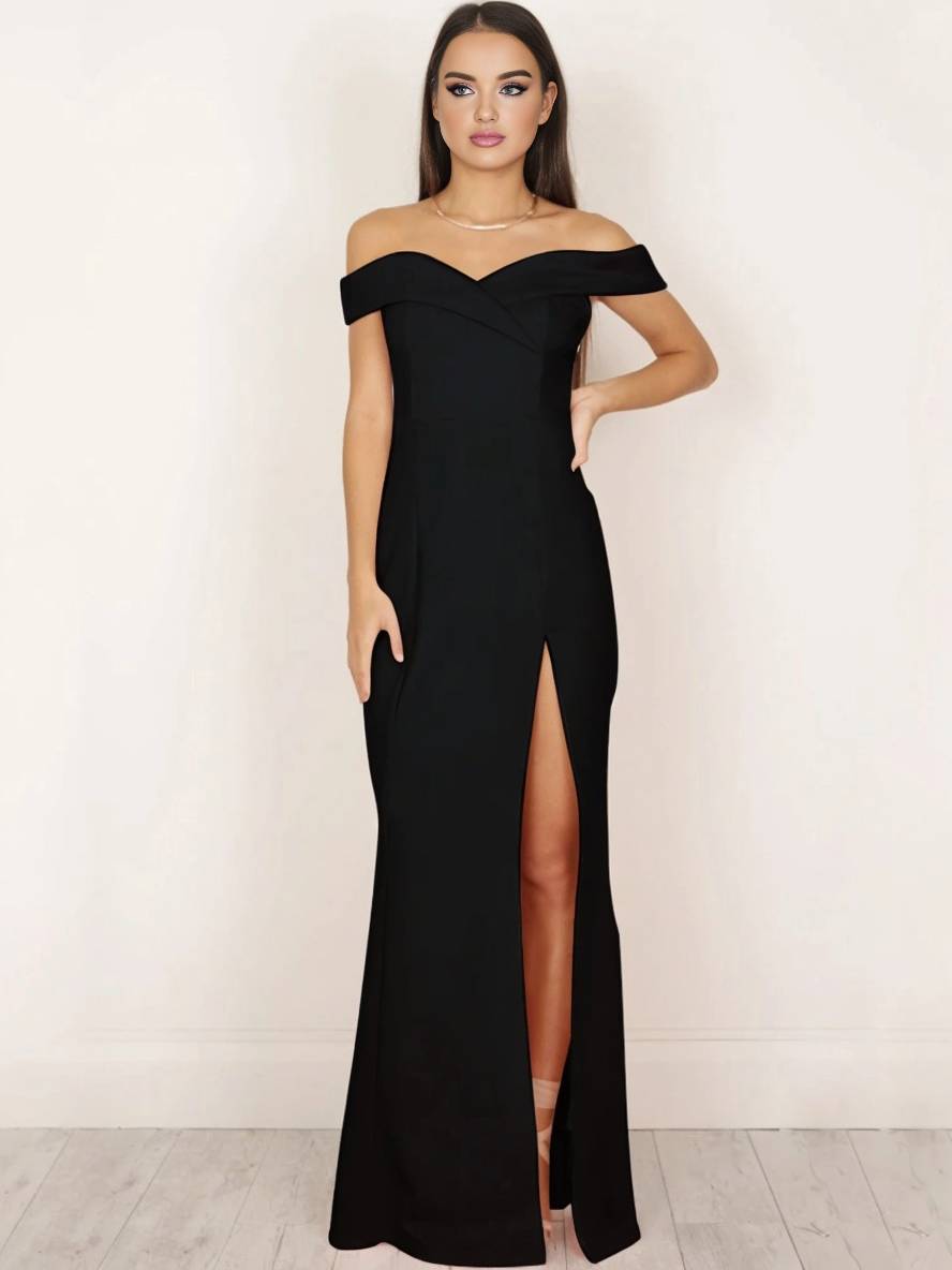 Jillian Robe de Soirée Femme – Élégante Robe Longue Unie avec Fente Latérale, Encolure Bateau & Design Sans Manches
