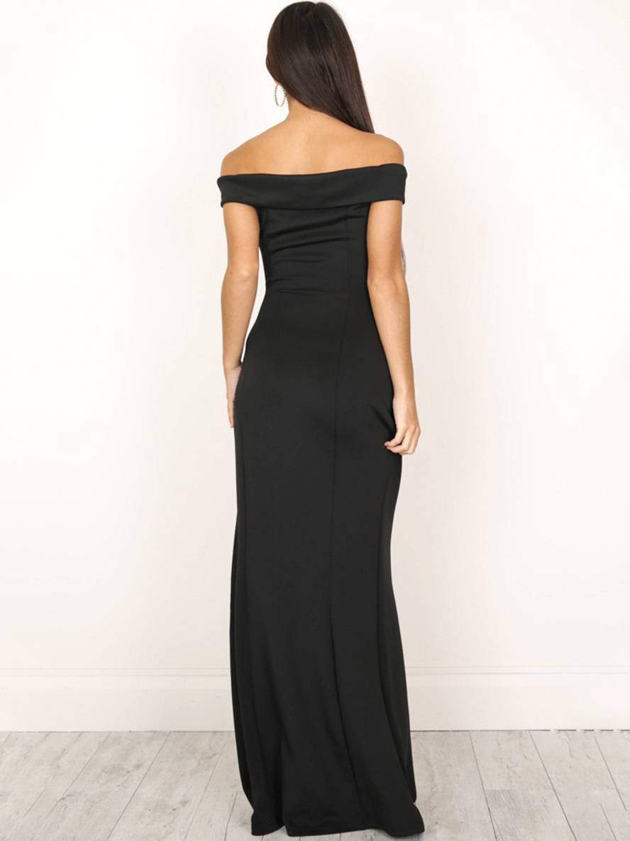 Jillian Robe de Soirée Femme – Élégante Robe Longue Unie avec Fente Latérale, Encolure Bateau & Design Sans Manches