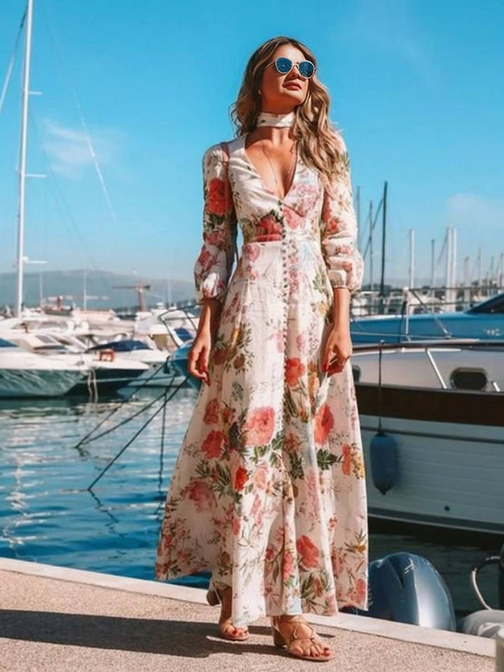 Sarina Robe Bohème Femme – Longue Robe Blanche Fleurie avec Décolleté en V, Boutons & Manches Longues