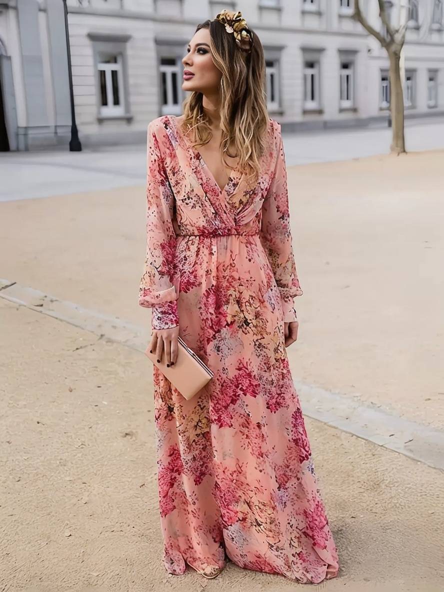 Tiara Robe d'Été Femme – Longue Robe Rose à Imprimé Fleuri, Décolleté en V & Sans Manches