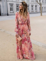 Vestido de verano para mujeres de tiara: vestido rosa largo con estampado florido, escote en V y sin mangas