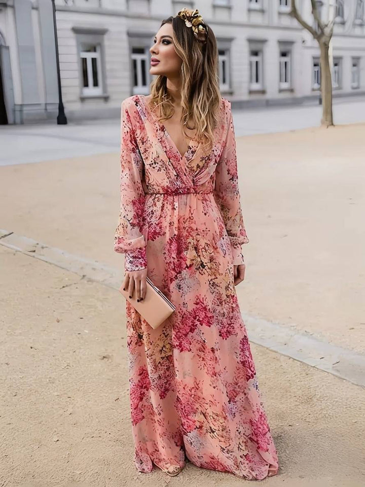 Tiara Robe d'Été Femme – Longue Robe Rose à Imprimé Fleuri, Décolleté en V & Sans Manches