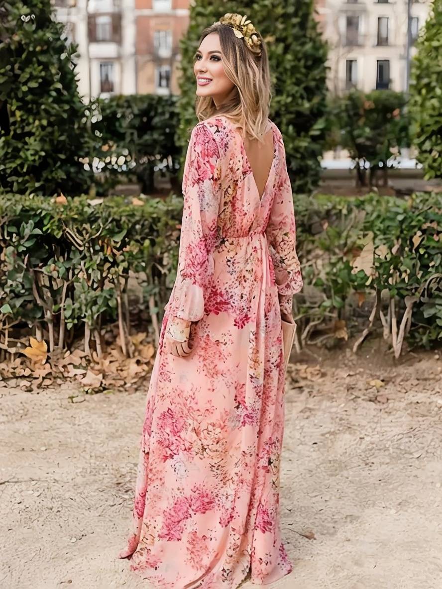 Vestido de verano para mujeres de tiara: vestido rosa largo con estampado florido, escote en V y sin mangas