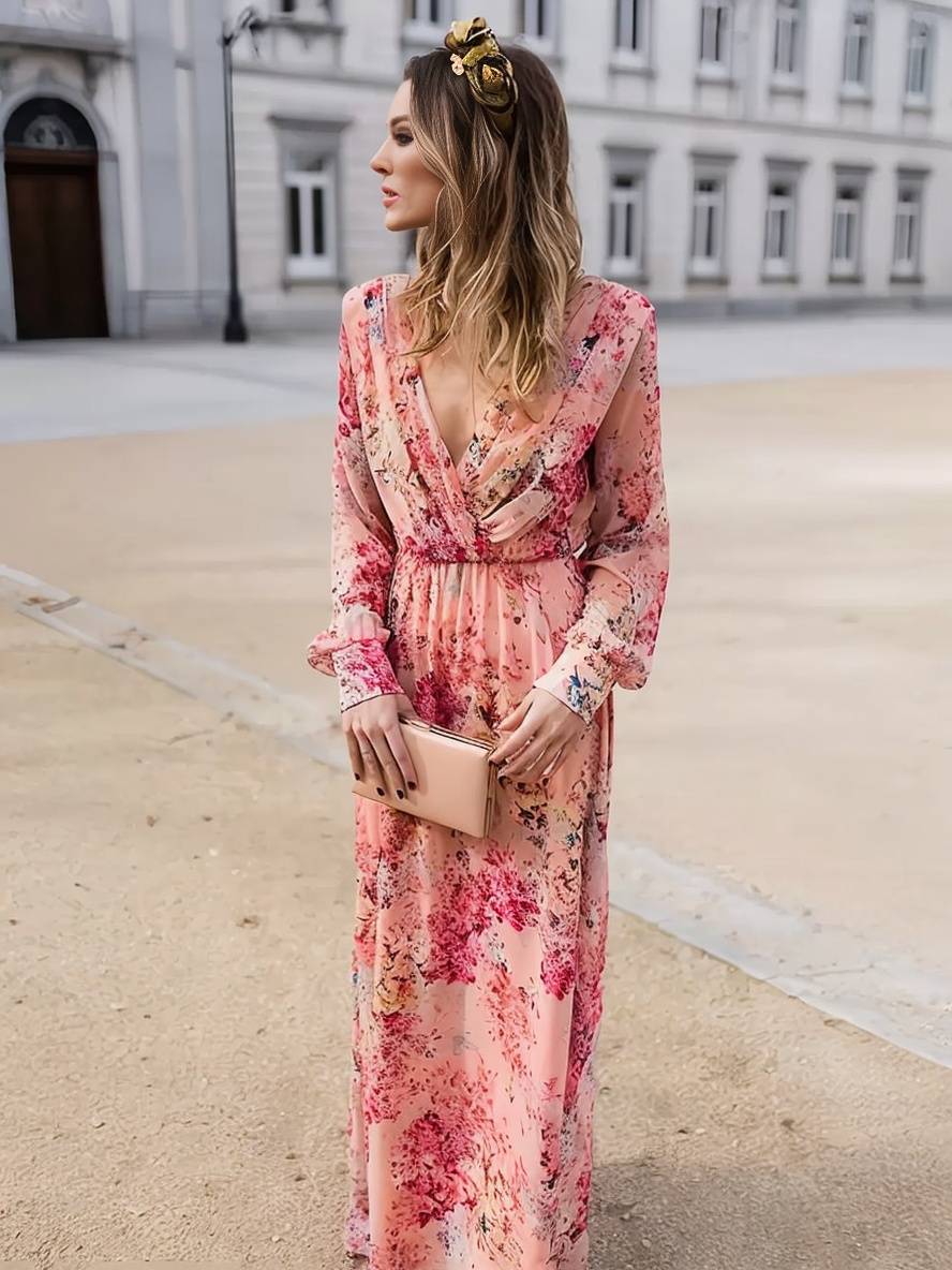 Tiara Robe d'Été Femme – Longue Robe Rose à Imprimé Fleuri, Décolleté en V & Sans Manches