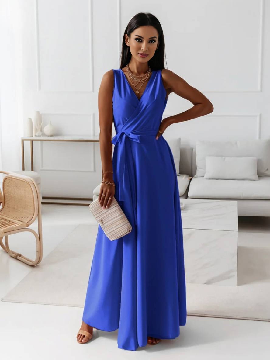 Veronica Robe de Soirée Femme – Longue Robe Élégante avec Décolleté en V, Ceinture à Nœud & Bretelles Spaghetti