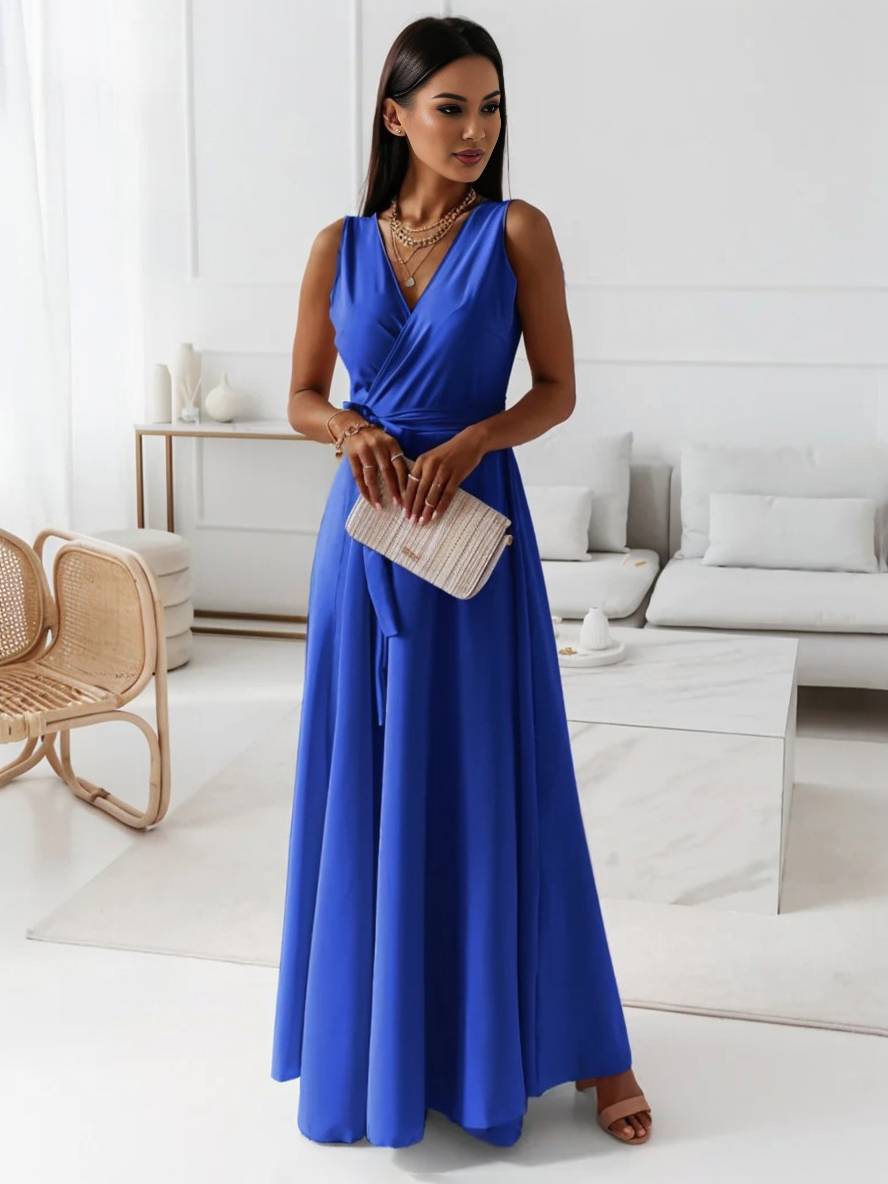 Veronica sukienka wieczorowa damska – długa elegancka sukienka z dekoltem w serek, paskiem z kokardą i cienkimi ramiączkami spaghetti