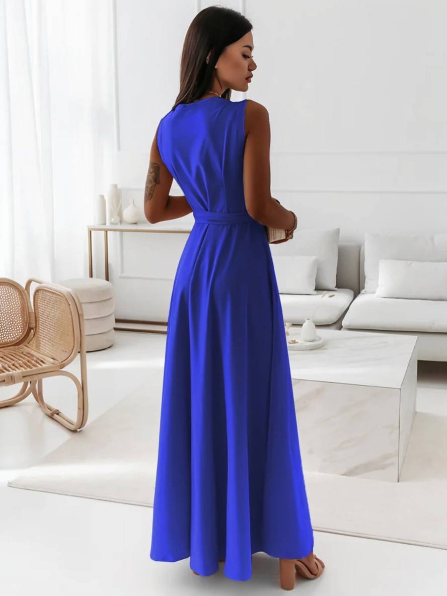 Veronica sukienka wieczorowa damska – długa elegancka sukienka z dekoltem w serek, paskiem z kokardą i cienkimi ramiączkami spaghetti