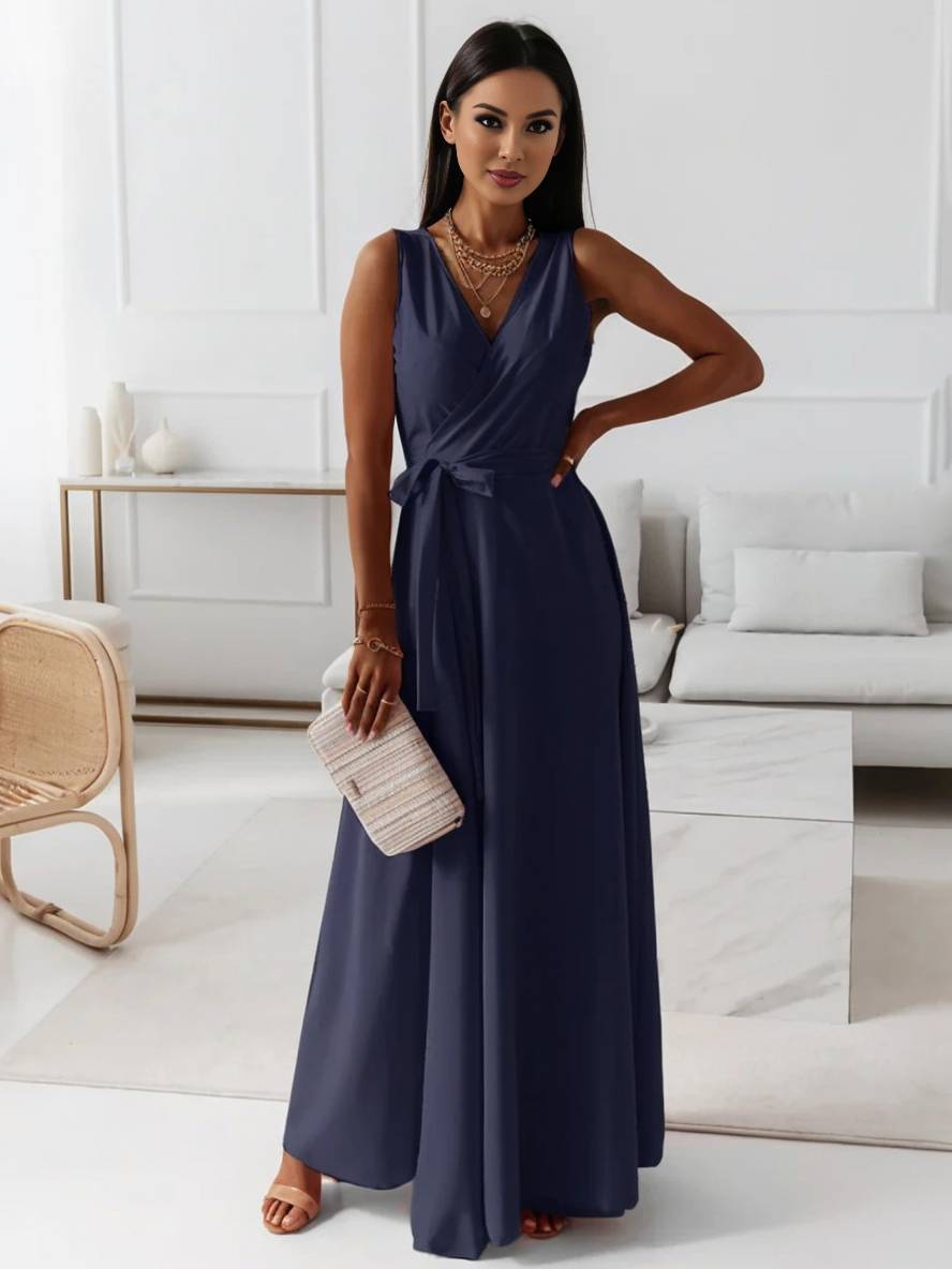 Veronica sukienka wieczorowa damska – długa elegancka sukienka z dekoltem w serek, paskiem z kokardą i cienkimi ramiączkami spaghetti