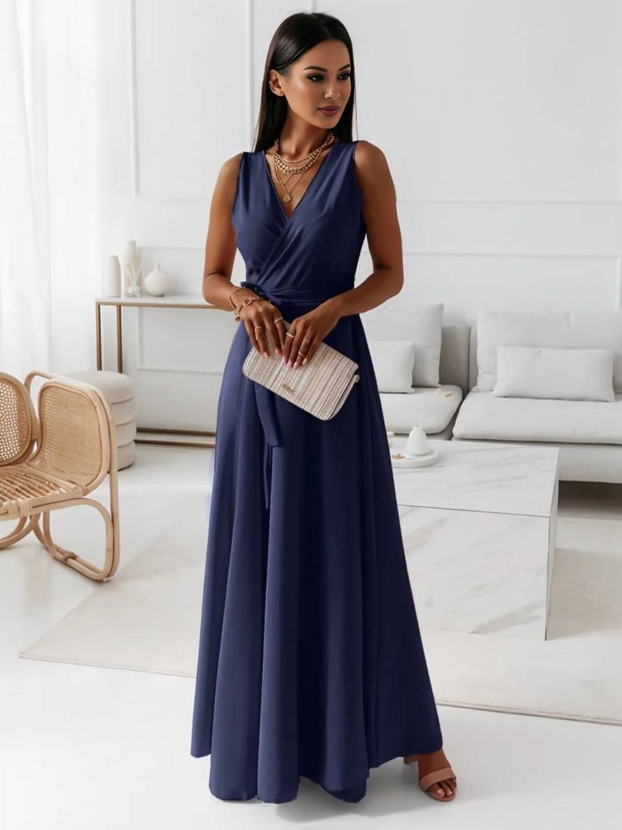 Veronica Robe de Soirée Femme – Longue Robe Élégante avec Décolleté en V, Ceinture à Nœud & Bretelles Spaghetti