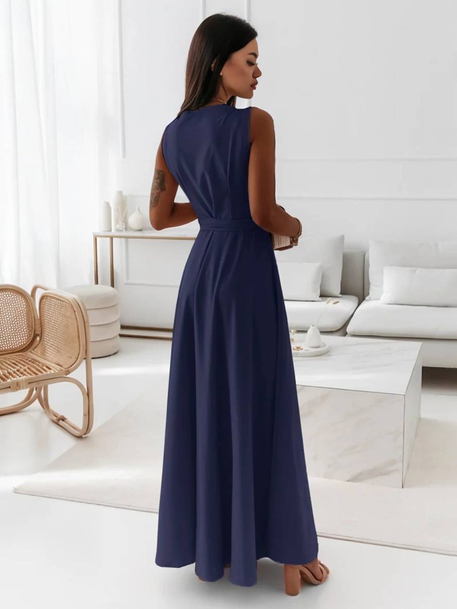 Veronica Robe de Soirée Femme – Longue Robe Élégante avec Décolleté en V, Ceinture à Nœud & Bretelles Spaghetti