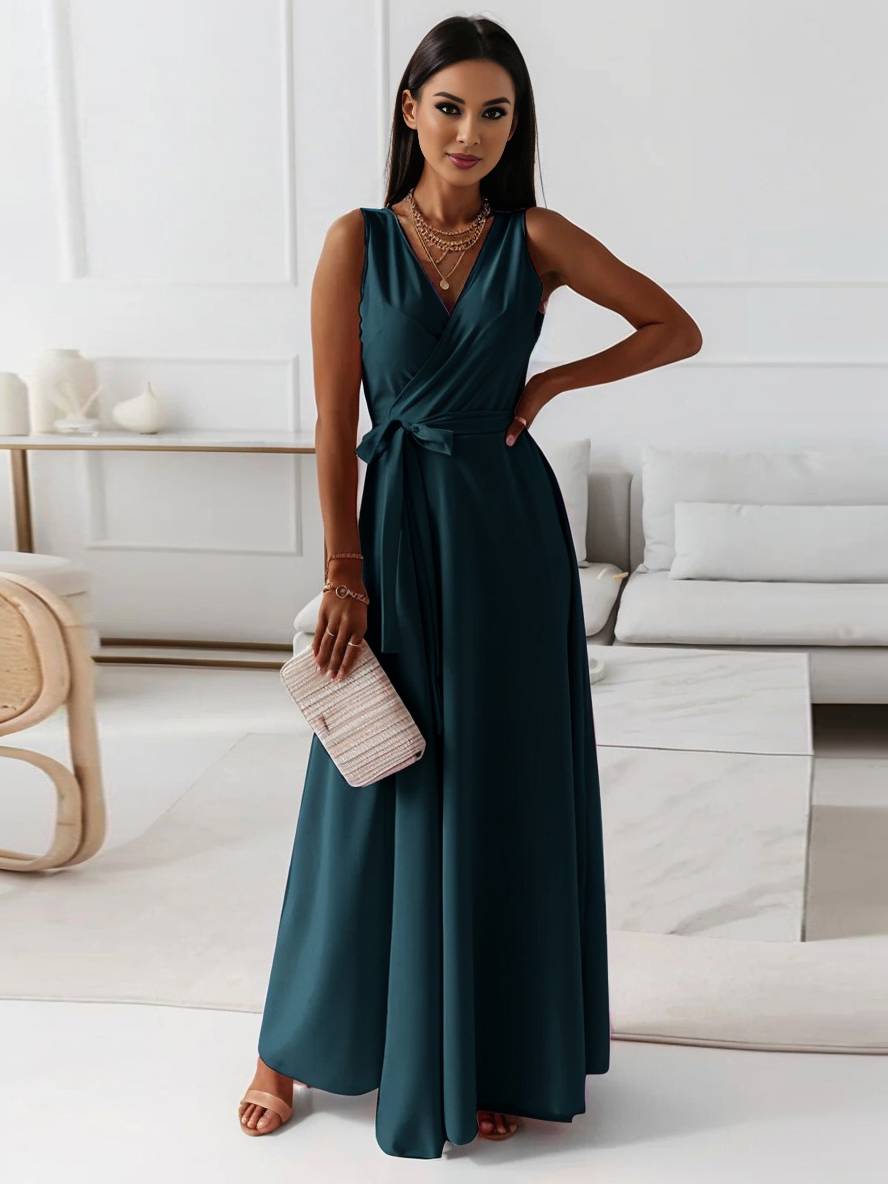 Veronica Robe de Soirée Femme – Longue Robe Élégante avec Décolleté en V, Ceinture à Nœud & Bretelles Spaghetti