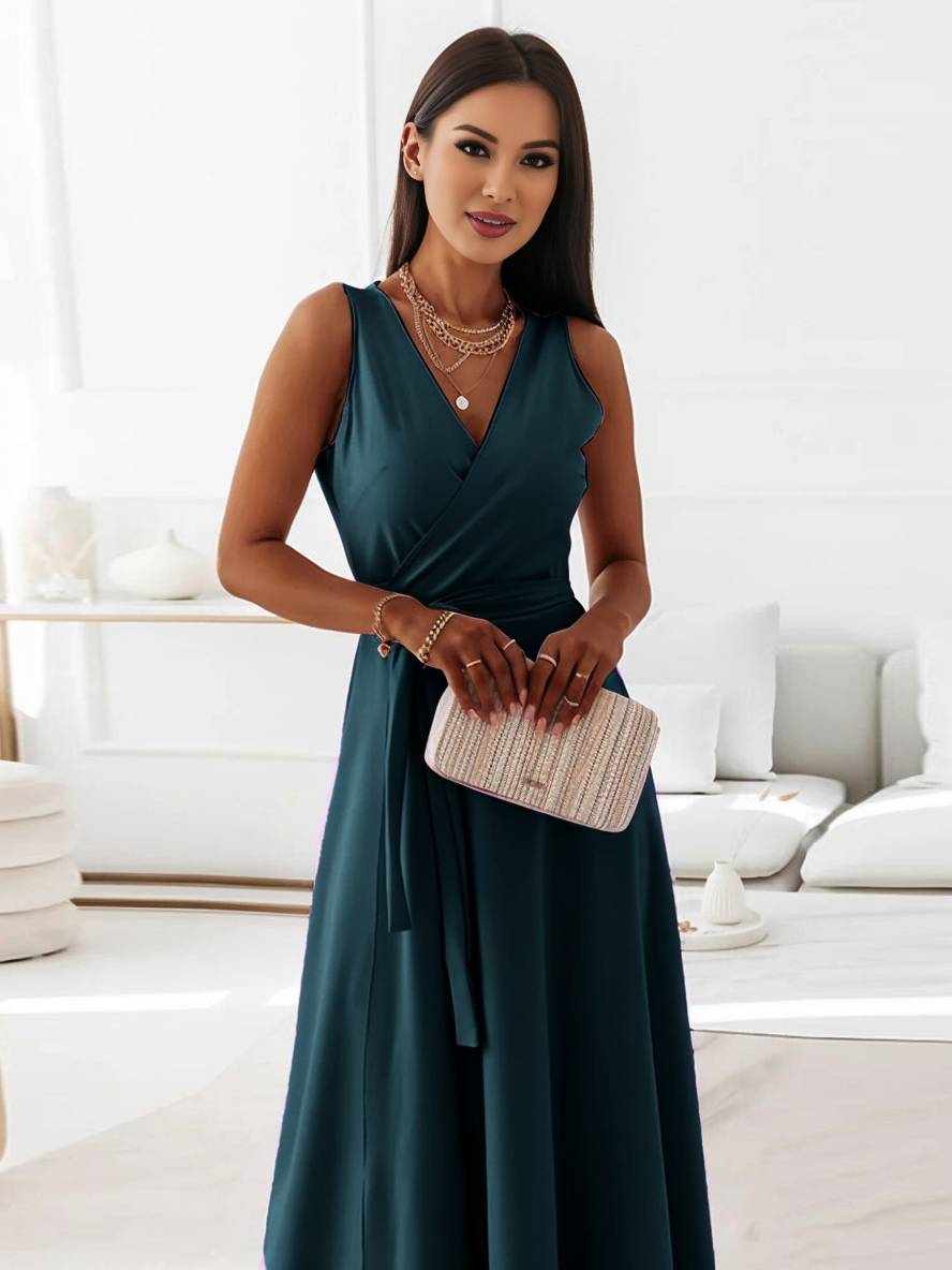 Veronica sukienka wieczorowa damska – długa elegancka sukienka z dekoltem w serek, paskiem z kokardą i cienkimi ramiączkami spaghetti