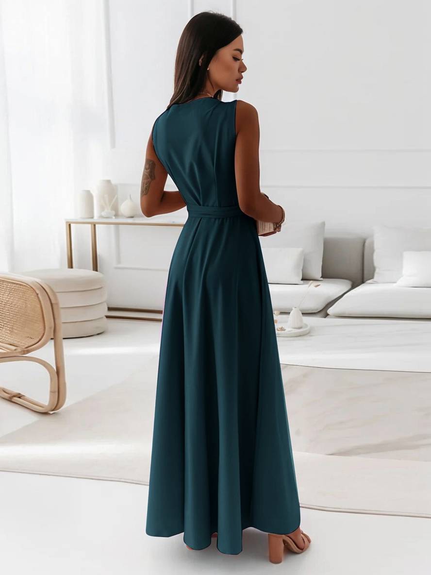 Veronica sukienka wieczorowa damska – długa elegancka sukienka z dekoltem w serek, paskiem z kokardą i cienkimi ramiączkami spaghetti