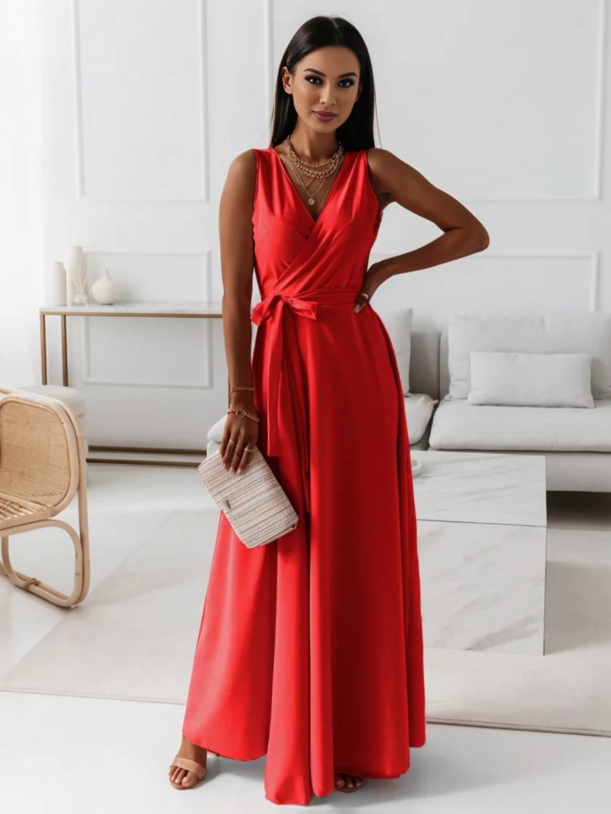 Veronica Robe de Soirée Femme – Longue Robe Élégante avec Décolleté en V, Ceinture à Nœud & Bretelles Spaghetti