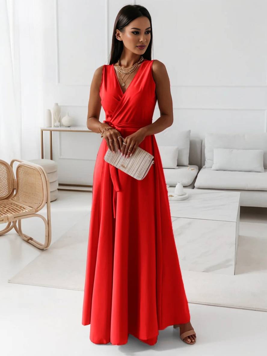 Veronica Robe de Soirée Femme – Longue Robe Élégante avec Décolleté en V, Ceinture à Nœud & Bretelles Spaghetti