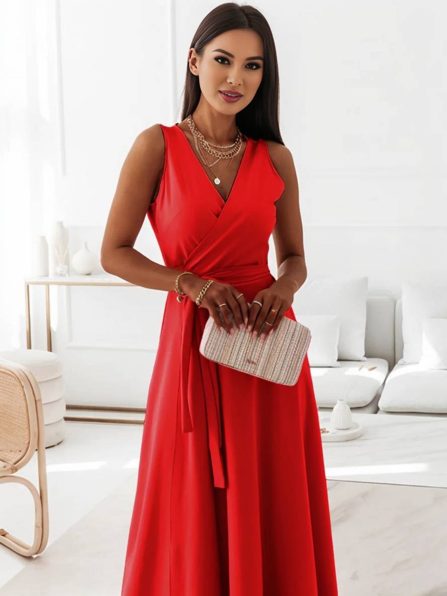 Veronica sukienka wieczorowa damska – długa elegancka sukienka z dekoltem w serek, paskiem z kokardą i cienkimi ramiączkami spaghetti