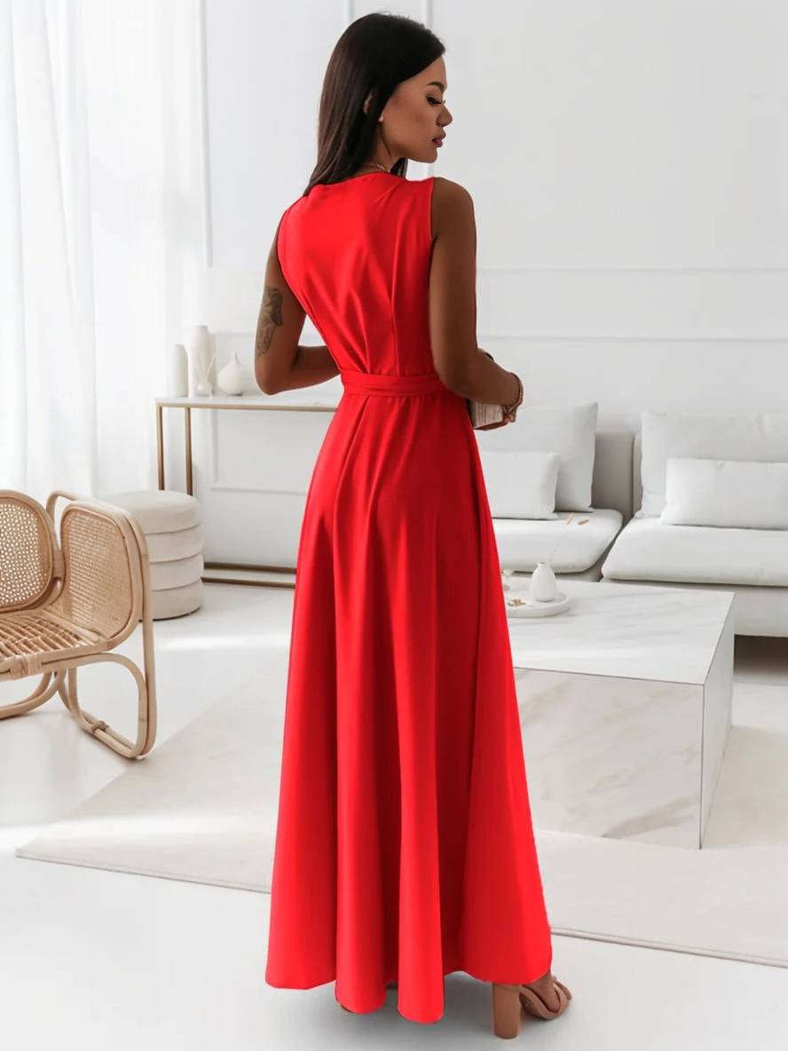 Veronica sukienka wieczorowa damska – długa elegancka sukienka z dekoltem w serek, paskiem z kokardą i cienkimi ramiączkami spaghetti