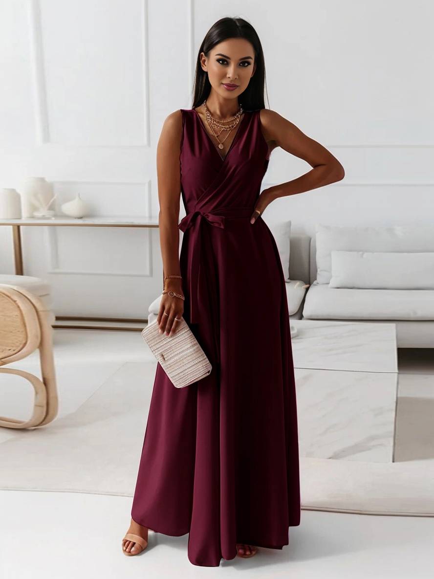 Veronica Robe de Soirée Femme – Longue Robe Élégante avec Décolleté en V, Ceinture à Nœud & Bretelles Spaghetti
