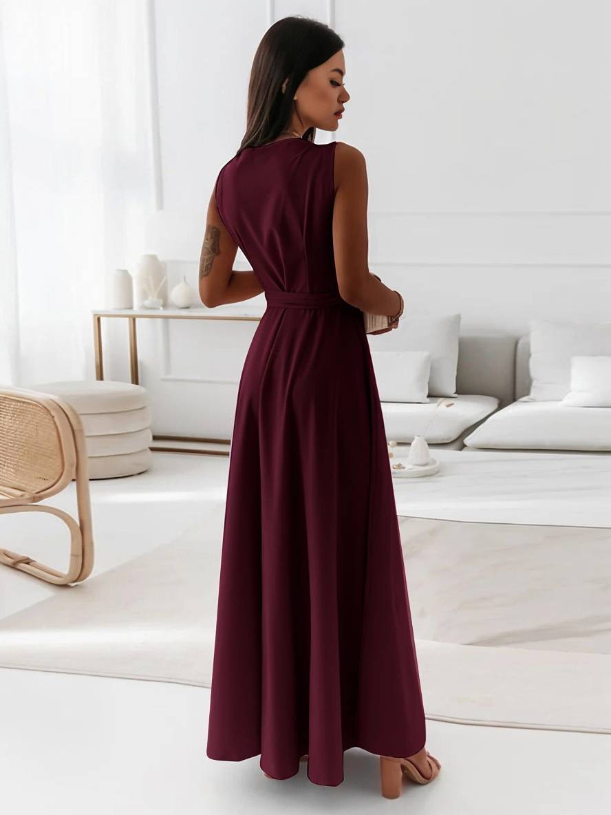 Veronica Robe de Soirée Femme – Longue Robe Élégante avec Décolleté en V, Ceinture à Nœud & Bretelles Spaghetti