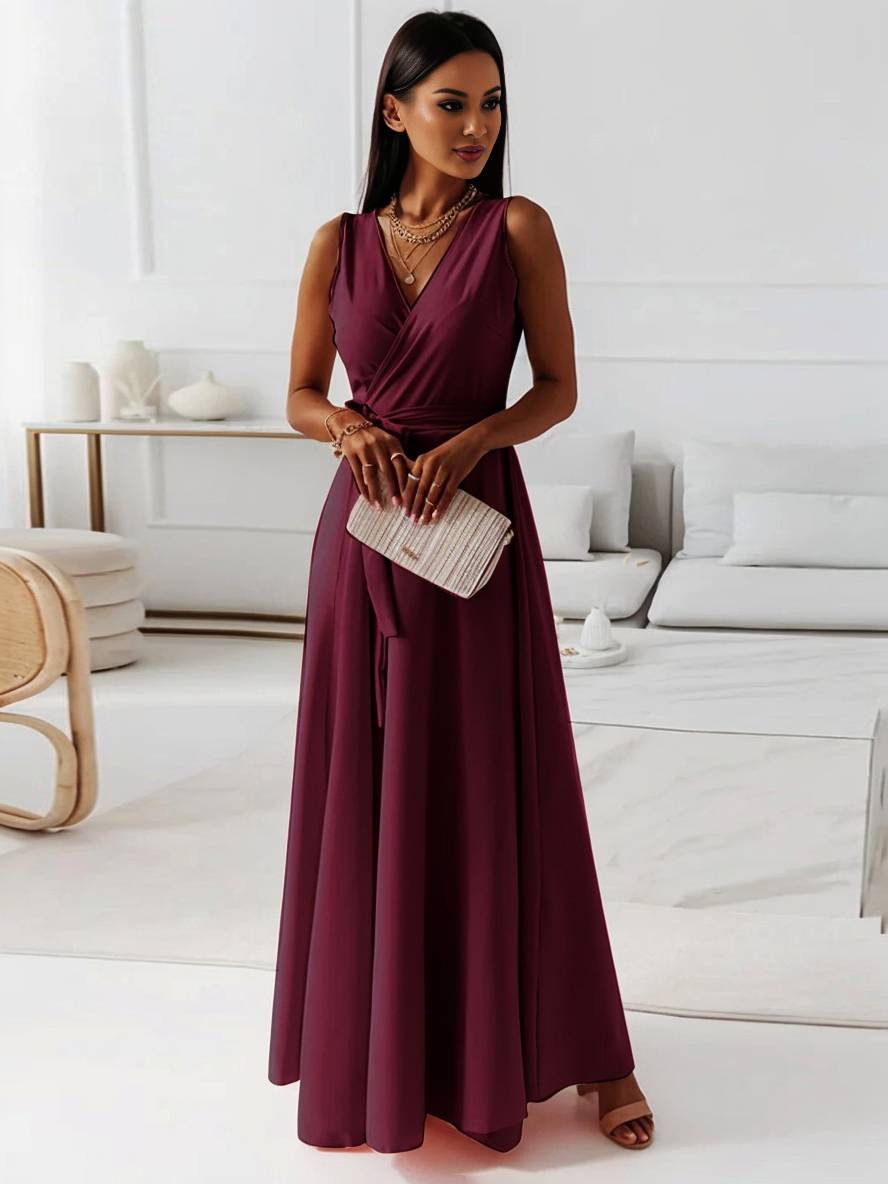 Veronica Robe de Soirée Femme – Longue Robe Élégante avec Décolleté en V, Ceinture à Nœud & Bretelles Spaghetti