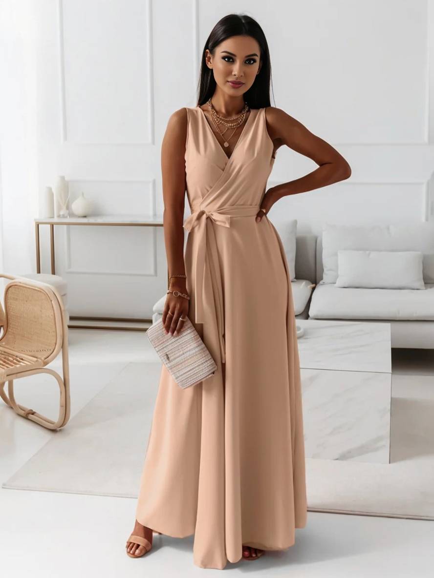 Veronica sukienka wieczorowa damska – długa elegancka sukienka z dekoltem w serek, paskiem z kokardą i cienkimi ramiączkami spaghetti
