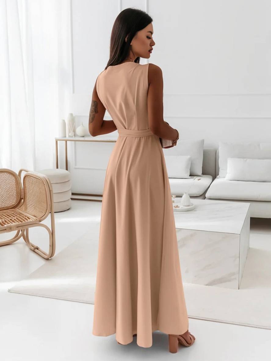 Veronica Robe de Soirée Femme – Longue Robe Élégante avec Décolleté en V, Ceinture à Nœud & Bretelles Spaghetti