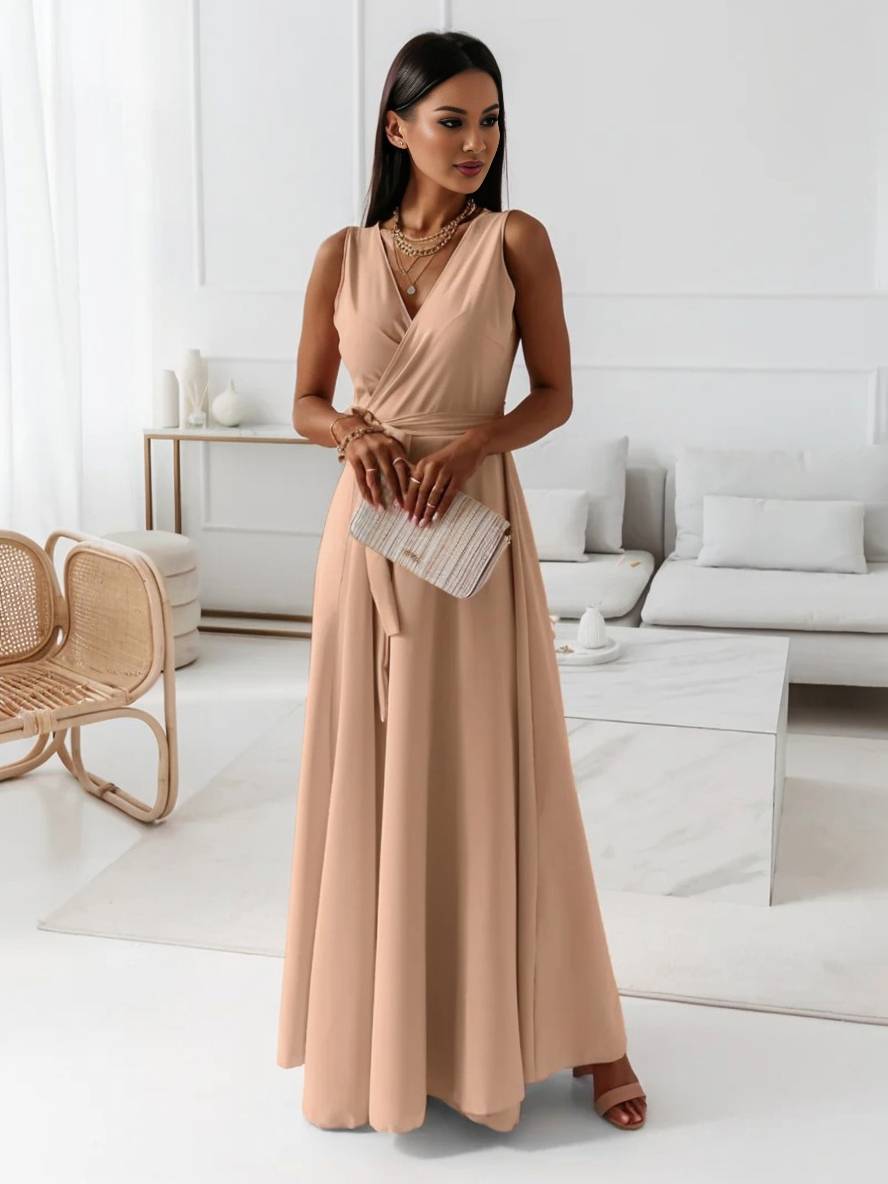 Veronica Robe de Soirée Femme – Longue Robe Élégante avec Décolleté en V, Ceinture à Nœud & Bretelles Spaghetti