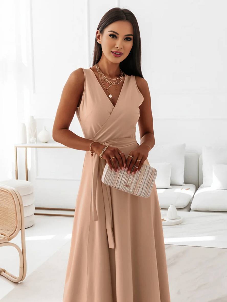 Veronica Robe de Soirée Femme – Longue Robe Élégante avec Décolleté en V, Ceinture à Nœud & Bretelles Spaghetti