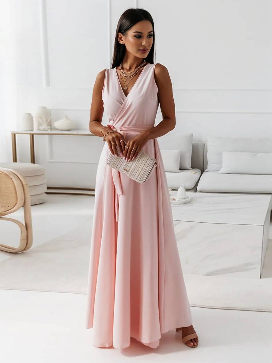 Veronica Robe de Soirée Femme – Longue Robe Élégante avec Décolleté en V, Ceinture à Nœud & Bretelles Spaghetti