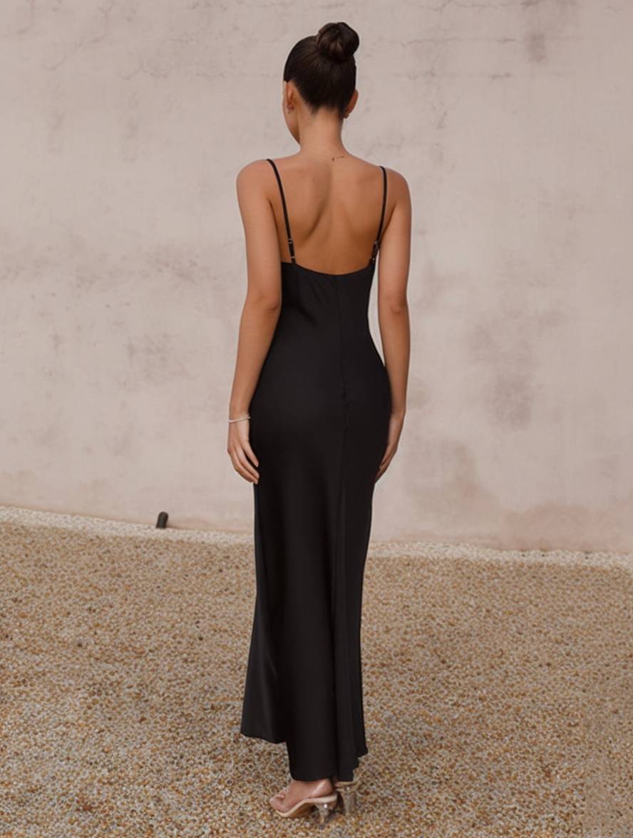 Roselyn Robe de Soirée Femme – Élégante Robe Satinée Sans Manches avec Dos Nu & Bretelles Spaghetti