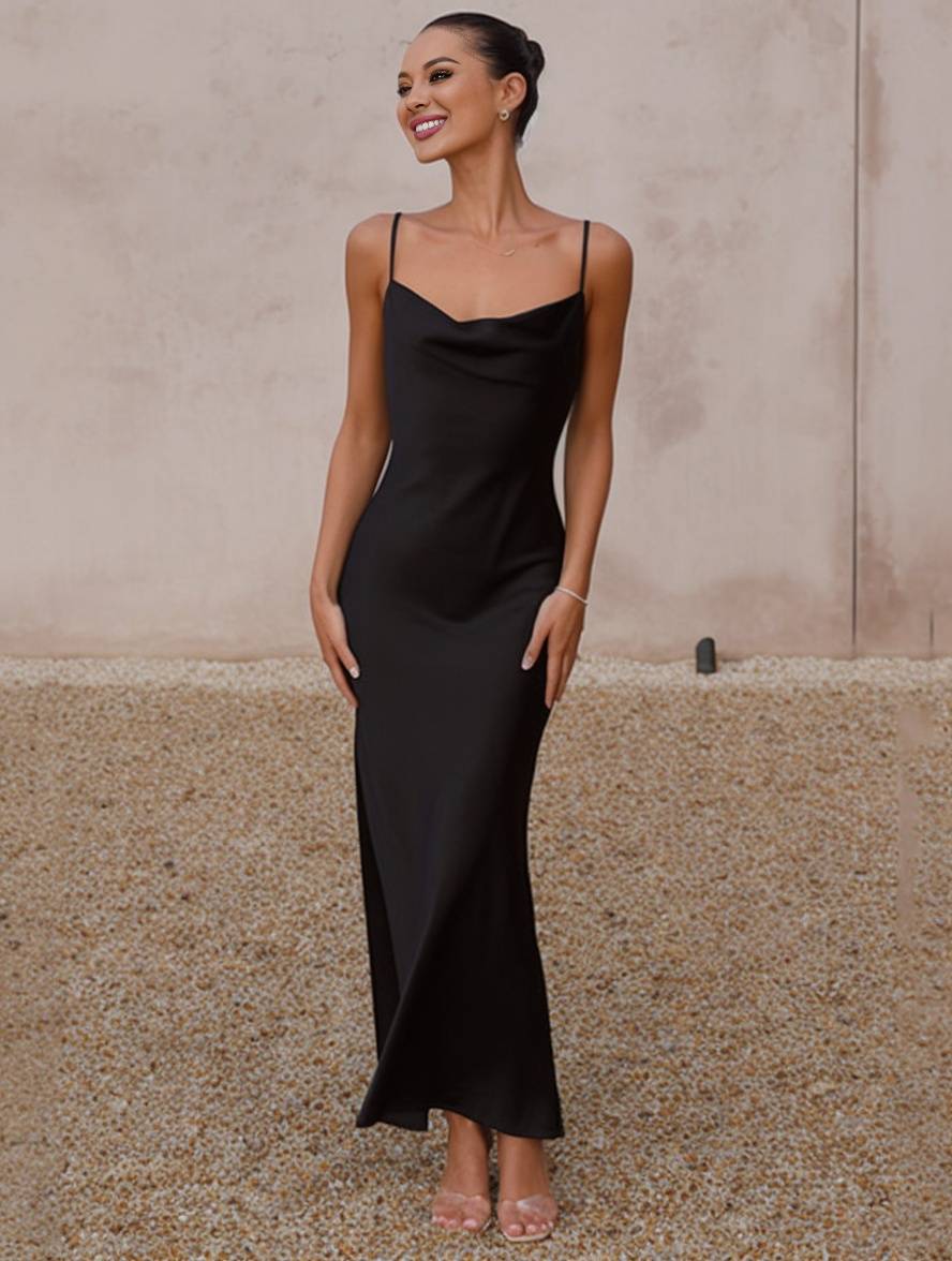 Roselyn Robe de Soirée Femme – Élégante Robe Satinée Sans Manches avec Dos Nu & Bretelles Spaghetti