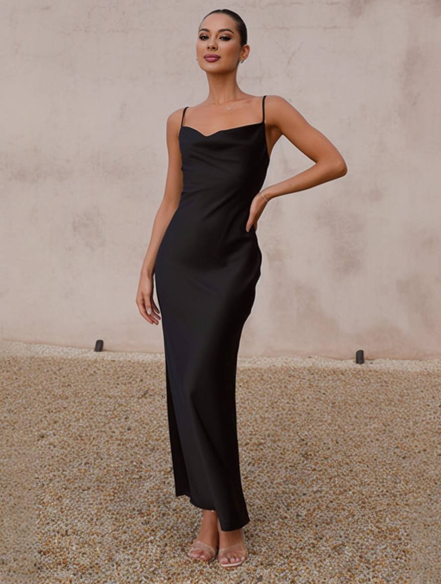 Roselyn Robe de Soirée Femme – Élégante Robe Satinée Sans Manches avec Dos Nu & Bretelles Spaghetti