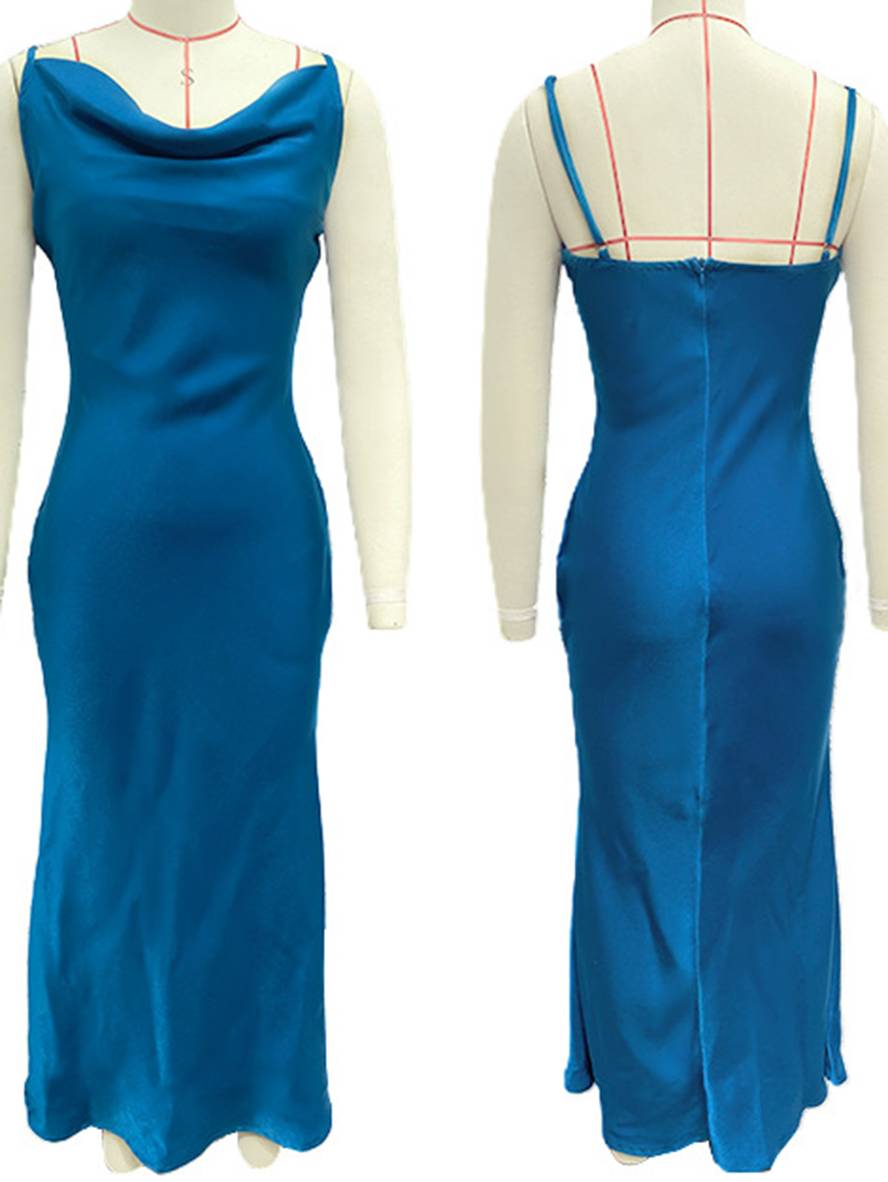 Roselyn Robe de Soirée Femme – Élégante Robe Satinée Sans Manches avec Dos Nu & Bretelles Spaghetti