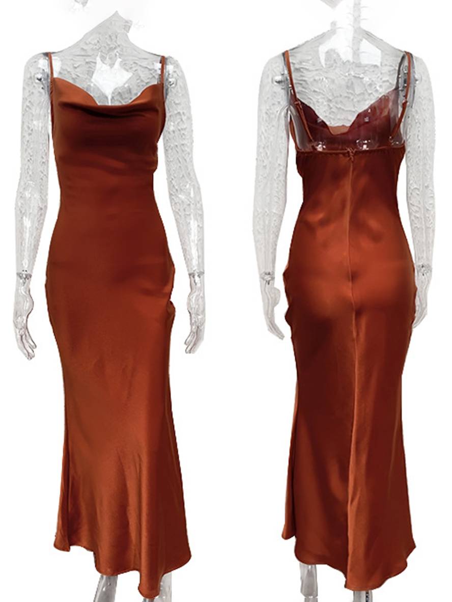 Roselyn Robe de Soirée Femme – Élégante Robe Satinée Sans Manches avec Dos Nu & Bretelles Spaghetti
