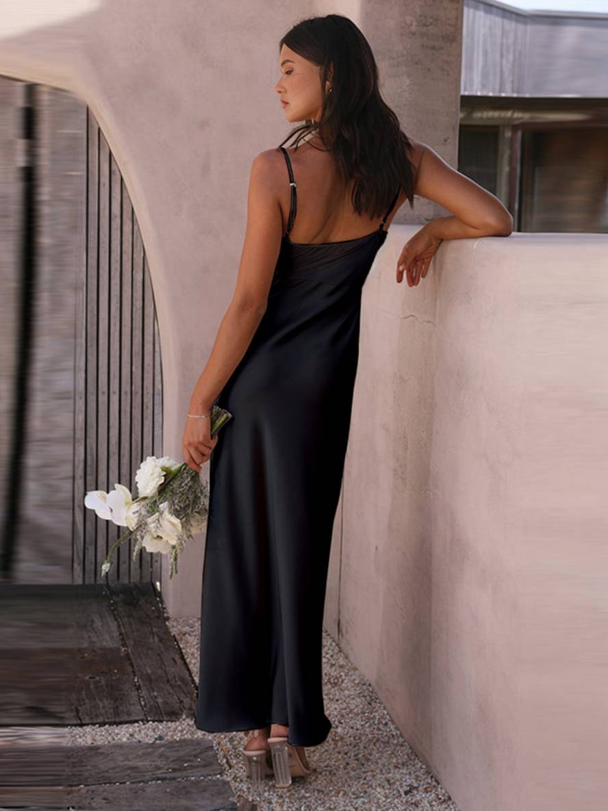 Kira Robe de Soirée Femme – Élégante Robe Satinée Sans Manches avec Fente & Bretelles Spaghetti, Parfaite pour un Mariage