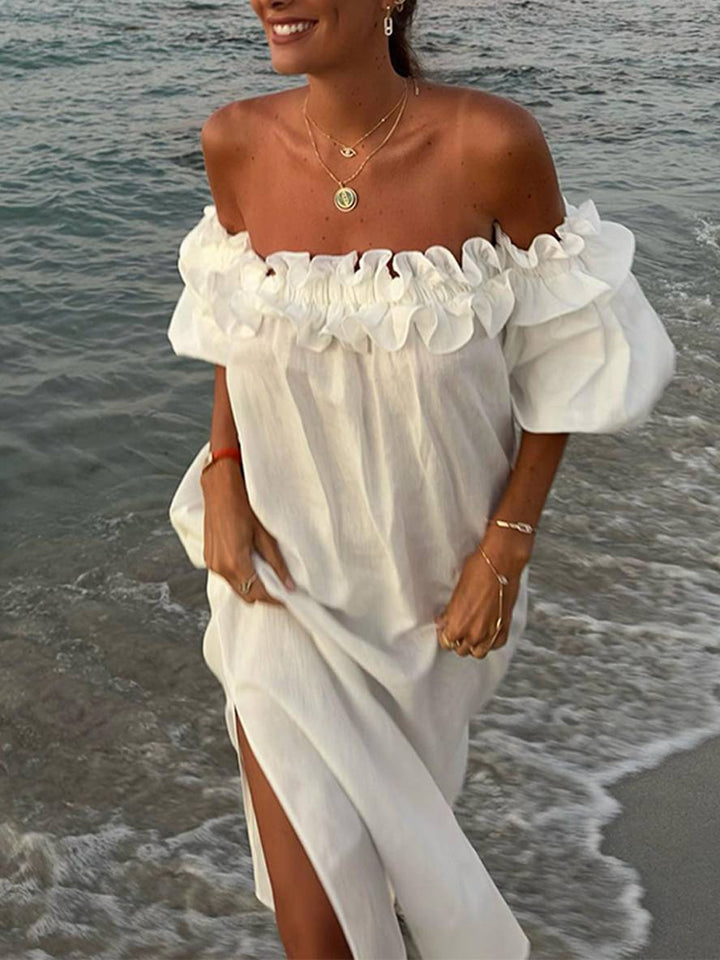 Vestido para mujeres de Kimberly: vestido largo y relajado con cuello de bote, mangas hinchadas y lado de elevación