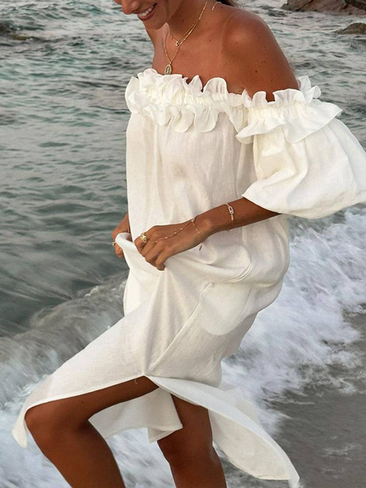 Vestido para mujeres de Kimberly: vestido largo y relajado con cuello de bote, mangas hinchadas y lado de elevación