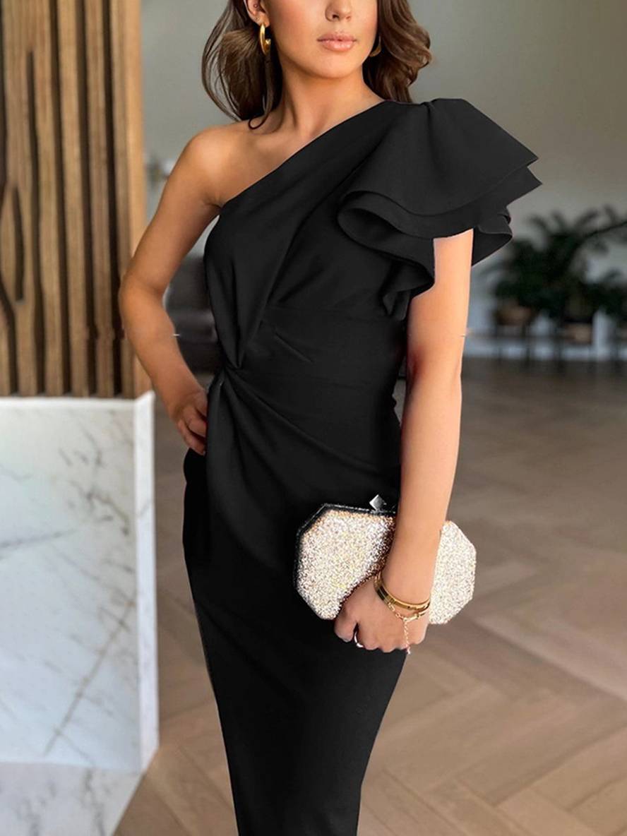 Lalaine Robe de Soirée Femme – Robe Unilatérale Sans Manches avec Fente, Volants & Élégantes Découpes