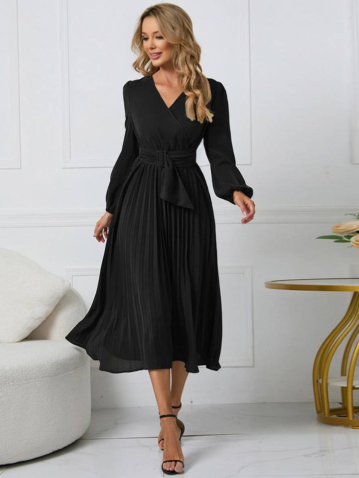 Shiela Robe Femme – Longue Robe Trapèze Plissée avec Ceinture & Manches Longues Élégantes