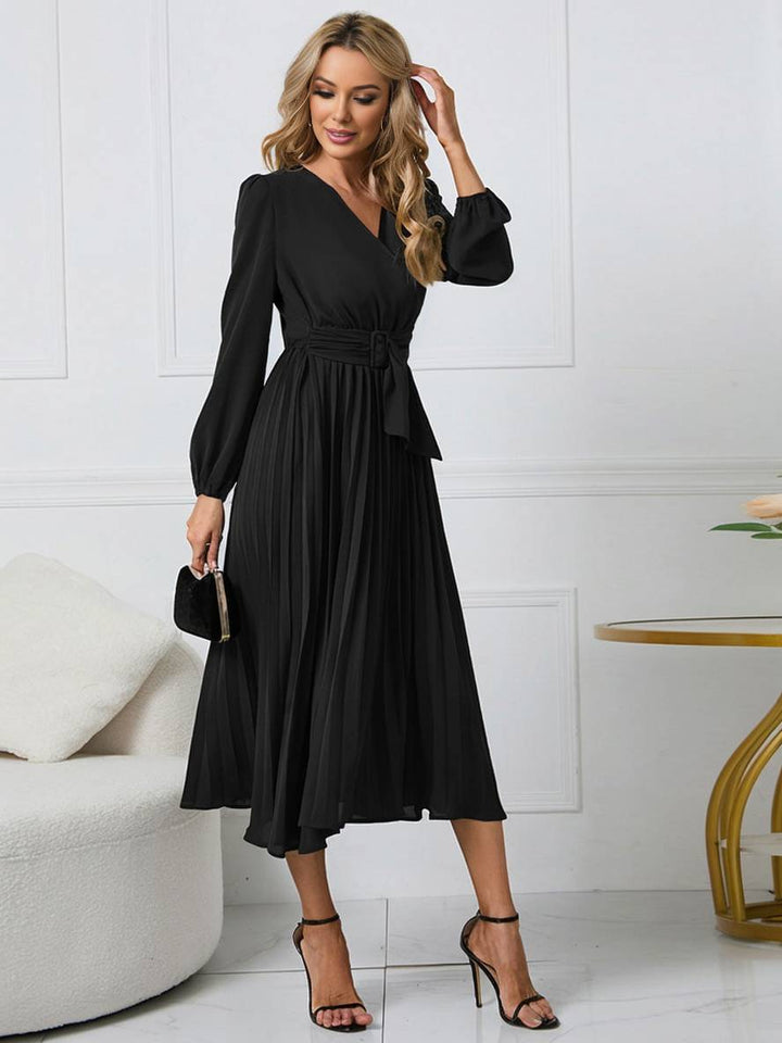 Shiela Robe Femme – Longue Robe Trapèze Plissée avec Ceinture & Manches Longues Élégantes