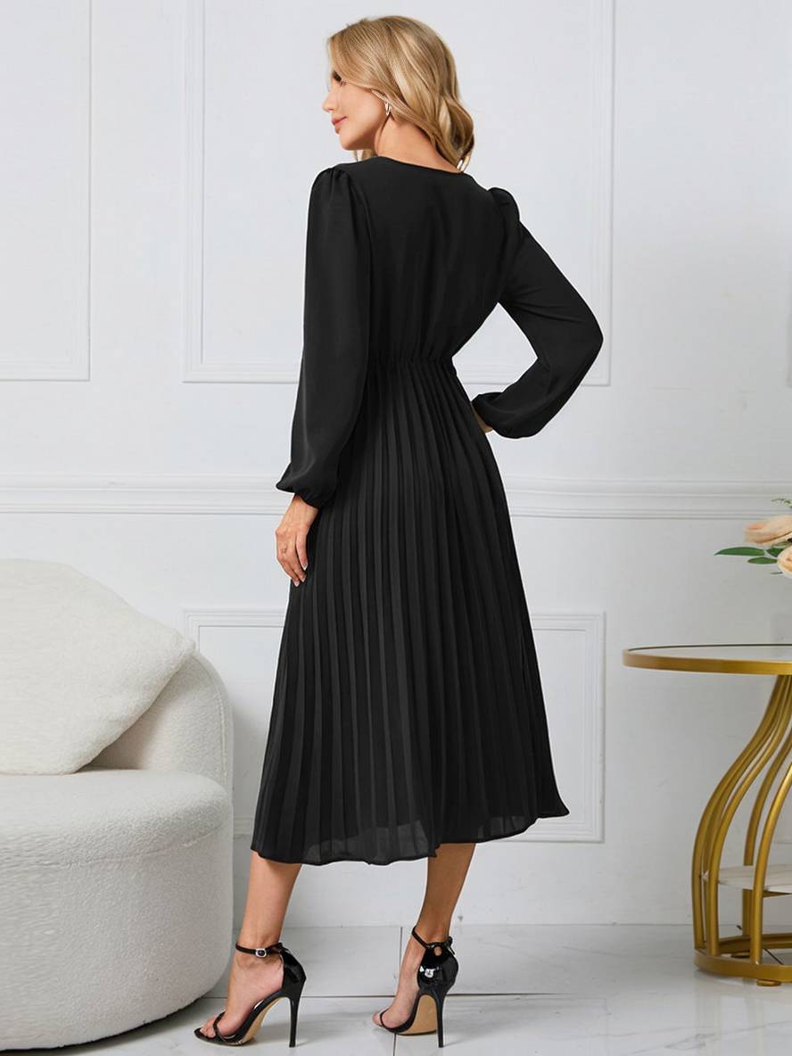 Shiela Robe Femme – Longue Robe Trapèze Plissée avec Ceinture & Manches Longues Élégantes
