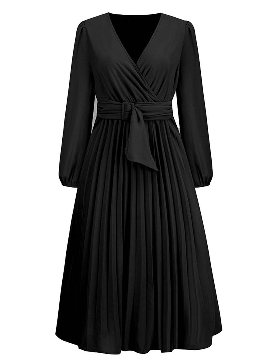 Shiela Robe Femme – Longue Robe Trapèze Plissée avec Ceinture & Manches Longues Élégantes