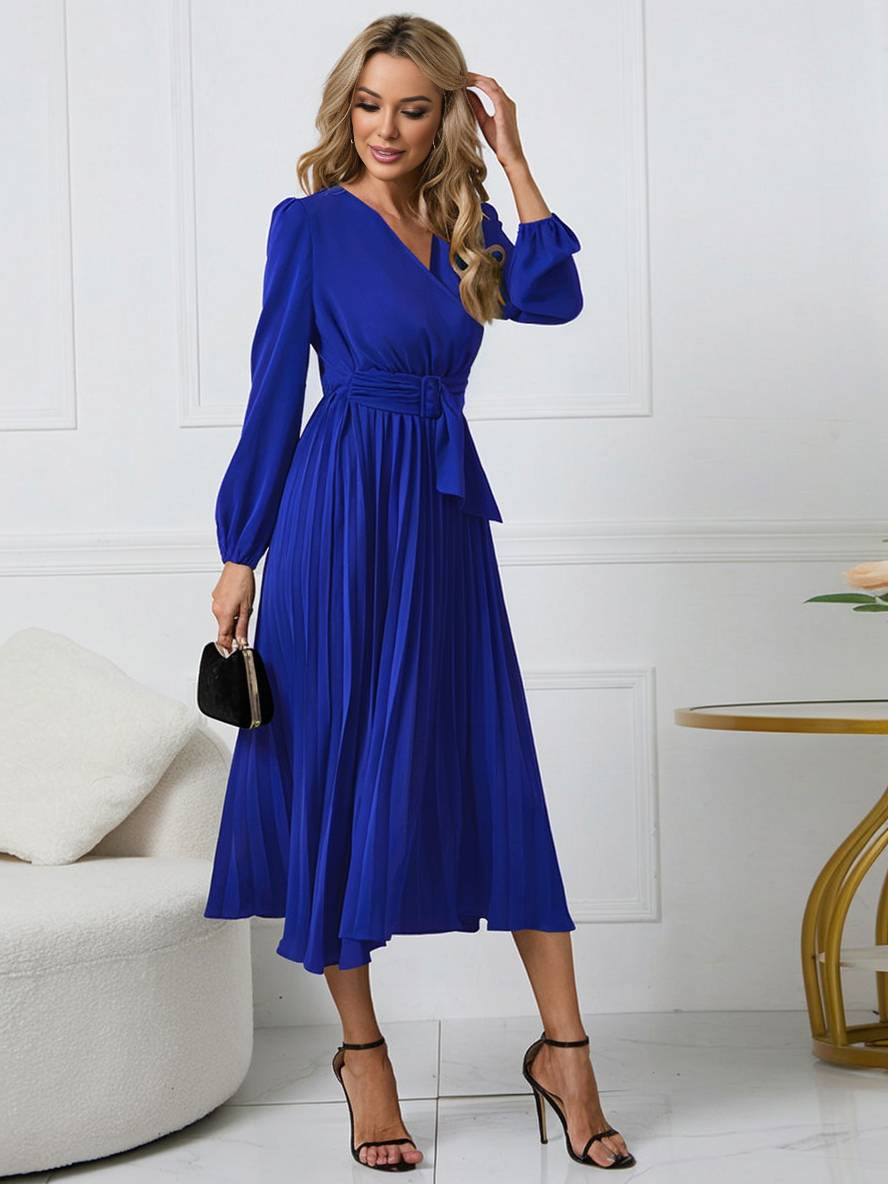 Shiela Robe Femme – Longue Robe Trapèze Plissée avec Ceinture & Manches Longues Élégantes