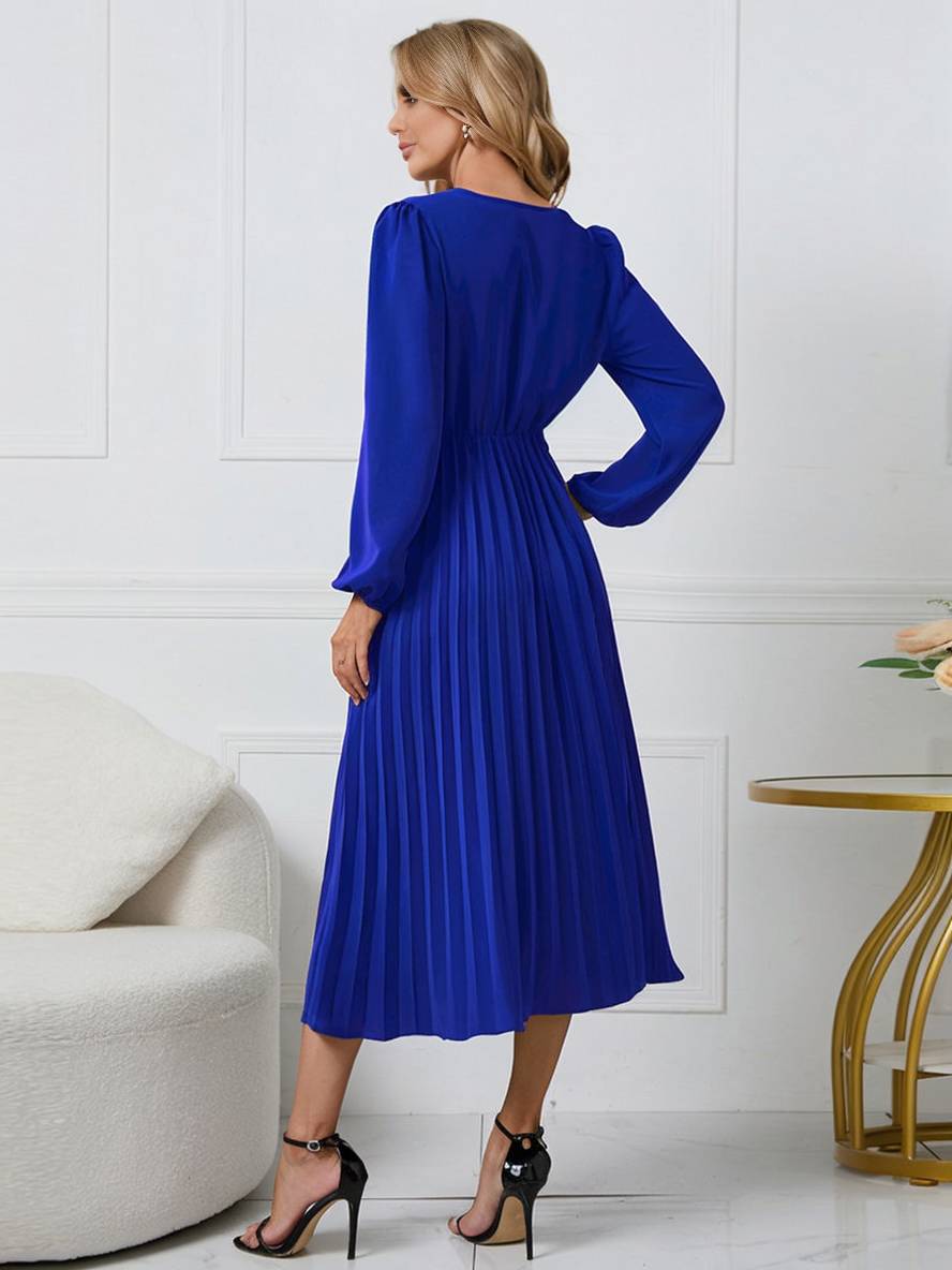 Shiela Robe Femme – Longue Robe Trapèze Plissée avec Ceinture & Manches Longues Élégantes
