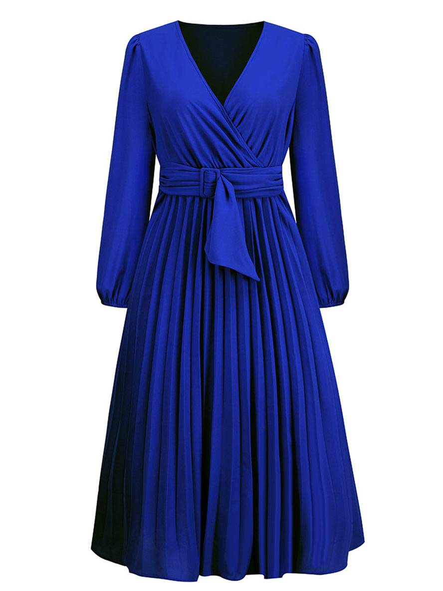 Shiela Robe Femme – Longue Robe Trapèze Plissée avec Ceinture & Manches Longues Élégantes