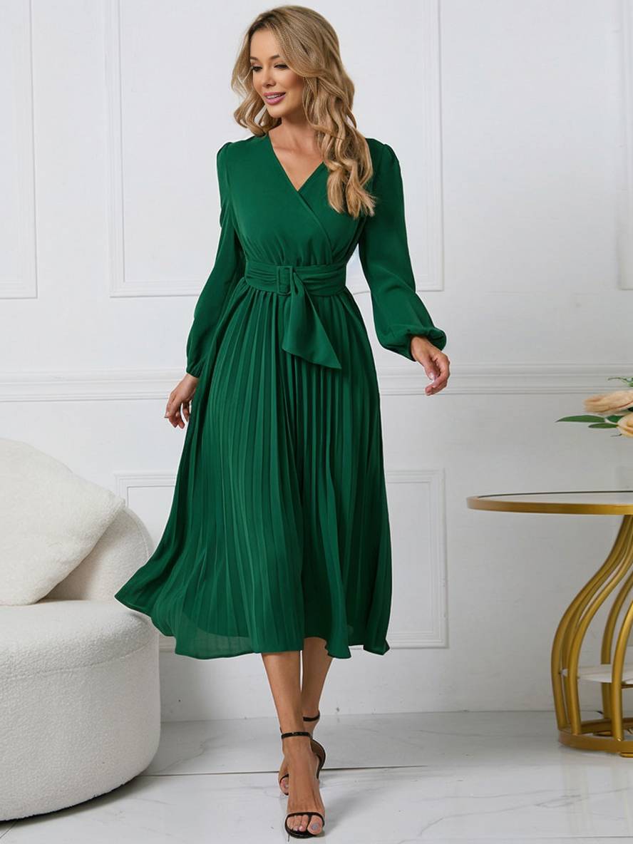 Shiela Robe Femme – Longue Robe Trapèze Plissée avec Ceinture & Manches Longues Élégantes