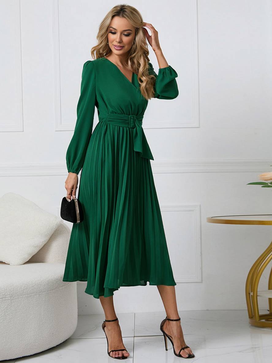 Shiela Robe Femme – Longue Robe Trapèze Plissée avec Ceinture & Manches Longues Élégantes