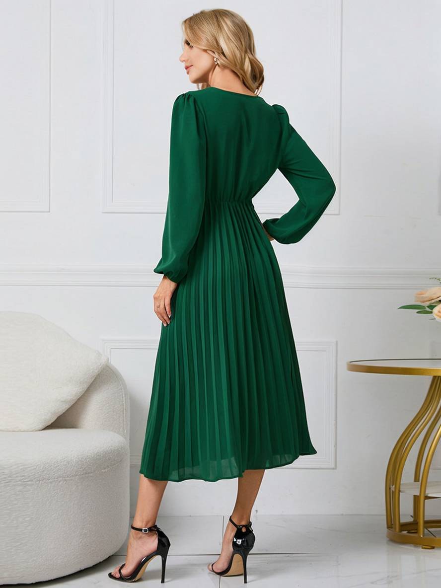 Shiela Robe Femme – Longue Robe Trapèze Plissée avec Ceinture & Manches Longues Élégantes