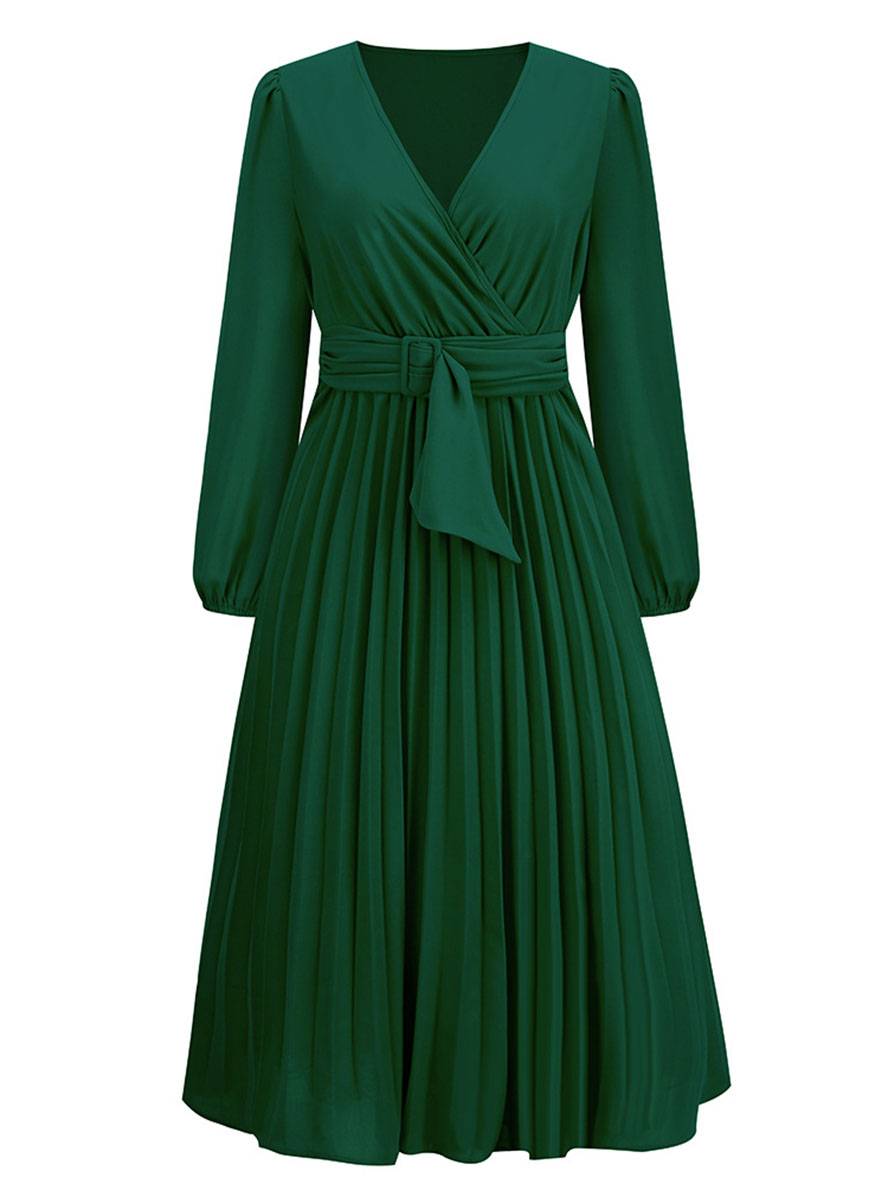 Shiela Robe Femme – Longue Robe Trapèze Plissée avec Ceinture & Manches Longues Élégantes
